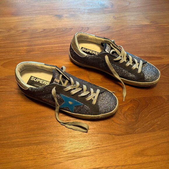 Golden Goose GGDB Women's Super Star Grey Glitter Sneakers with Blue Star EU 40 - Picture 3 of 10